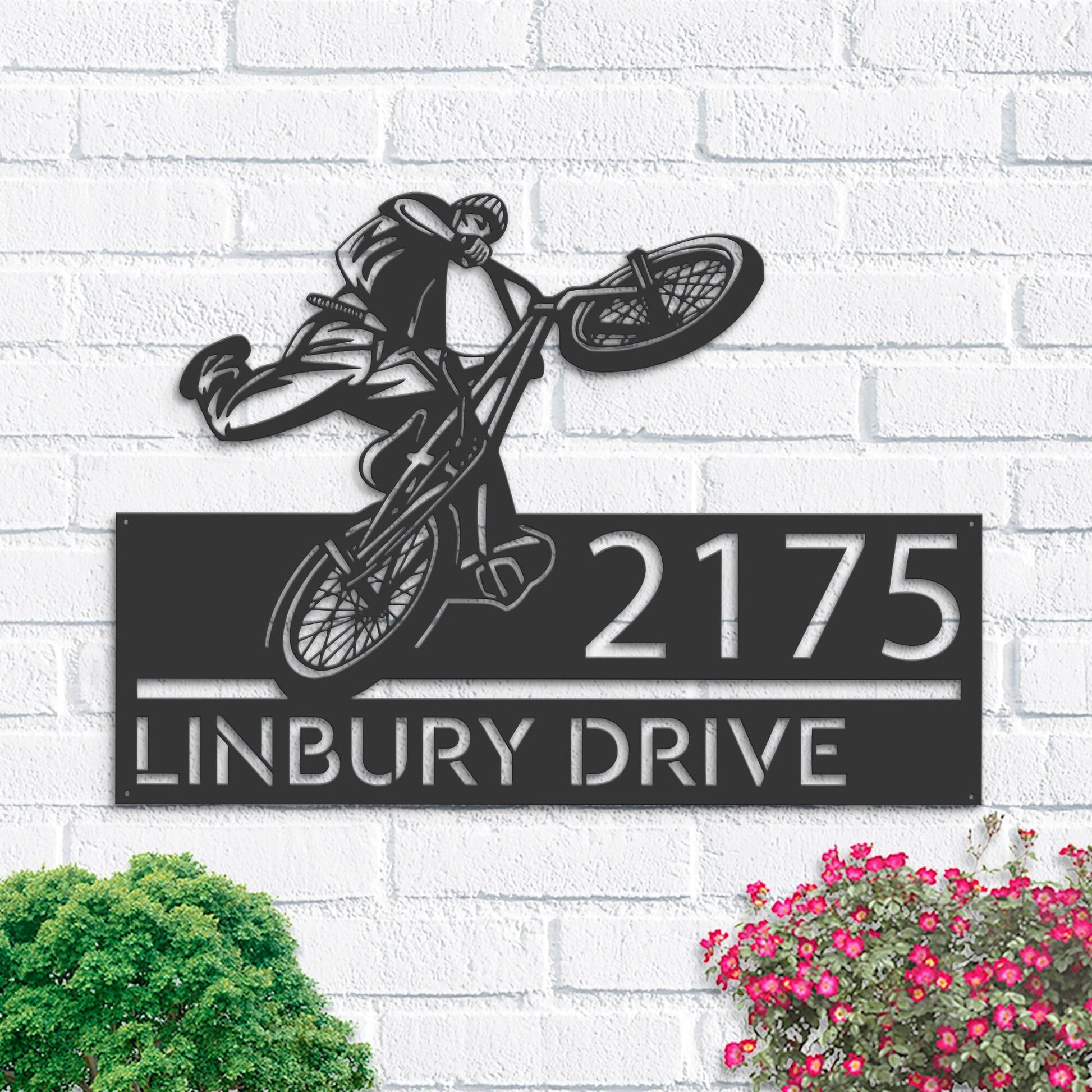 Personalized BMX Bicycle freestyle Metal Address Sign | Hanging Address Plaque | Yard Sign, Outdoor Sign | Garden Stake