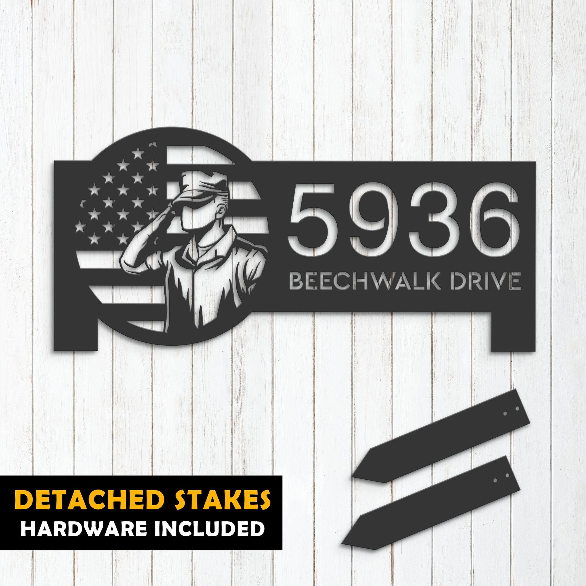 Personalized US Army Salute American Soldier US flag Metal Address Sign House number Hanging Address Plaque Yard Sign Outdoor Garden Stake