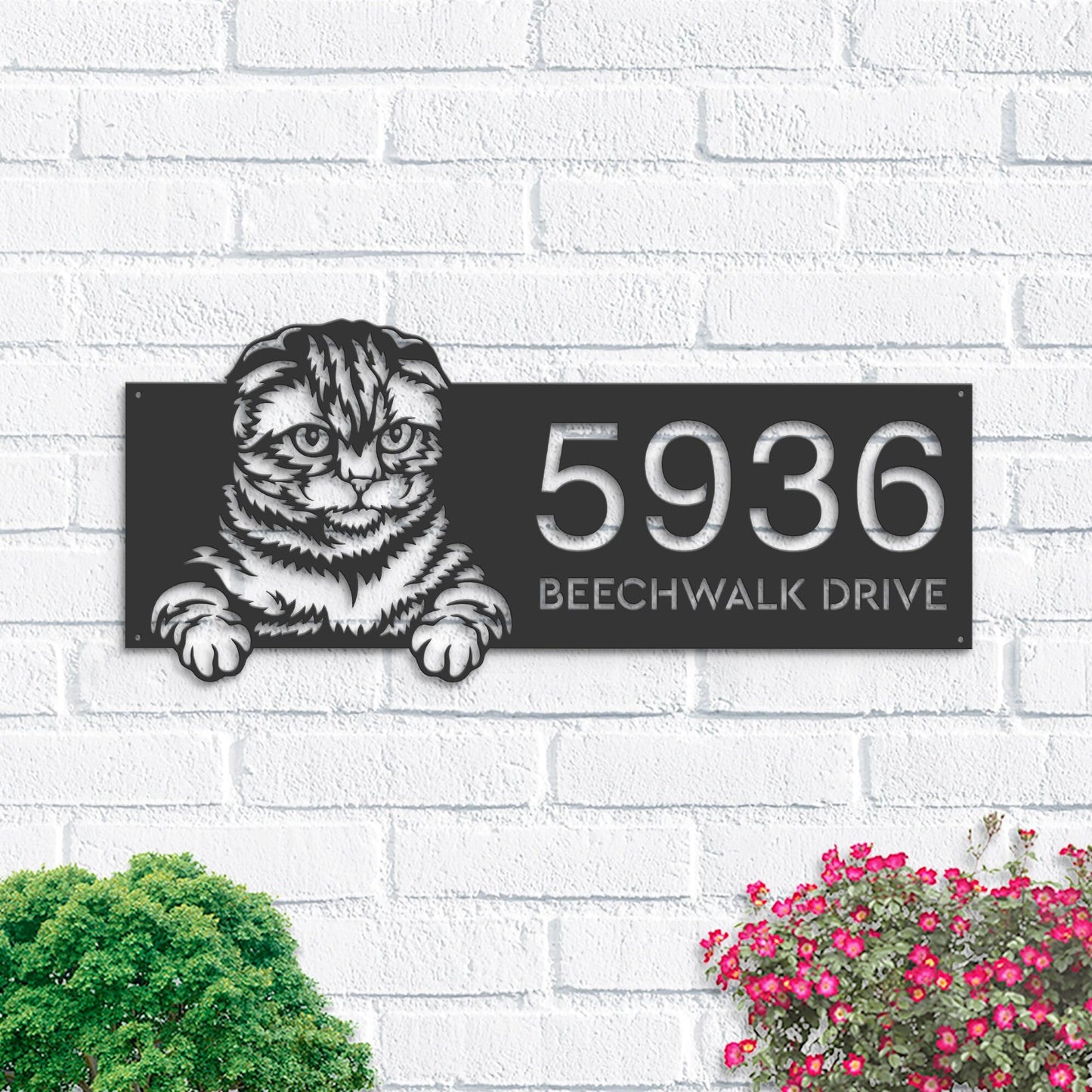 Personalized Scottish fold Cute peeking cat Metal Address Sign House number Hanging Address Plaque Yard Sign Outdoor Sign Garden Stake