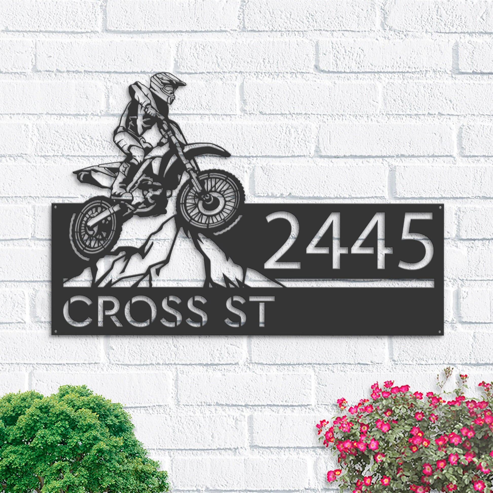 Personalized Dirtbike Motocross rider Mountain climbing Metal Address Sign | Hanging Address Plaque | Yard Sign, Outdoor Sign | Garden Stake