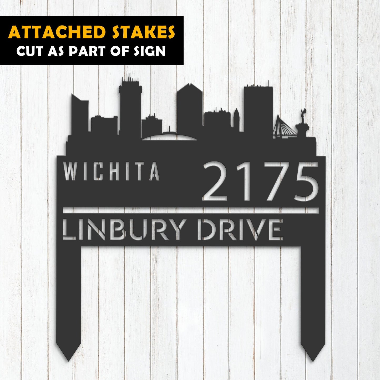 Personalized Wichita city skyline Metal Address Sign Hanging Address Plaque house number Yard Outdoor Sign Garden Stake