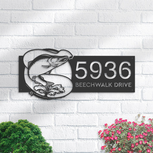 Personalized Salmon fishing rod bait hook Metal Address Sign House number Hanging Address Plaque Yard Sign Outdoor Sign Garden Stake