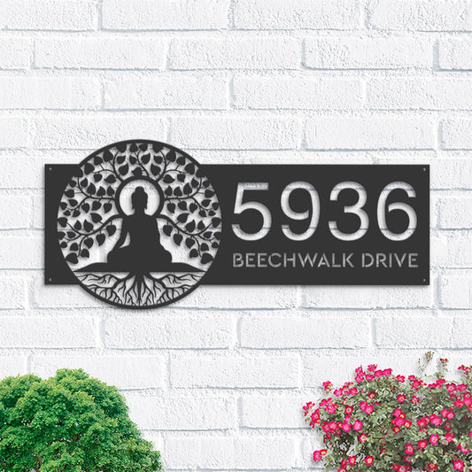 Personalized Buddha tree of life Metal Address Sign House number Hanging Address Plaque Yard Sign Outdoor Sign Garden Stake