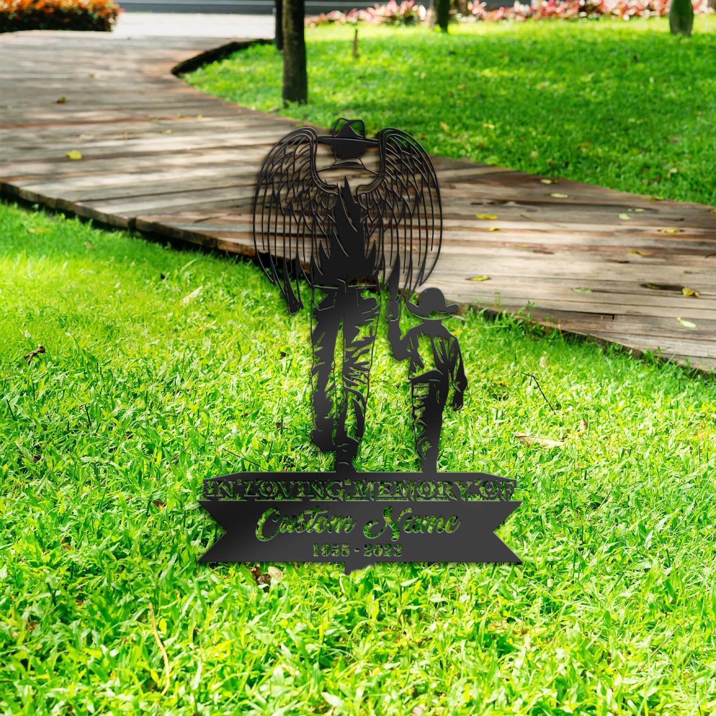 Personalized Angel father cowboy and son Memorial Stake, Metal Stake, Sympathy Sign, Grave Marker, Remembrance Stake