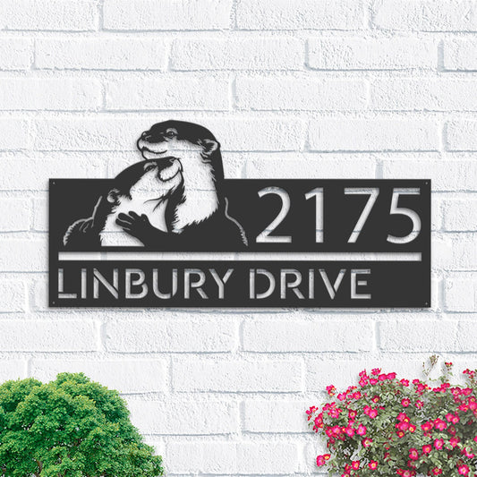 Personalized Cute otters couple Metal Address Sign House Number, Hanging Address Plaque | Yard Sign, Outdoor Sign| Garden Stake