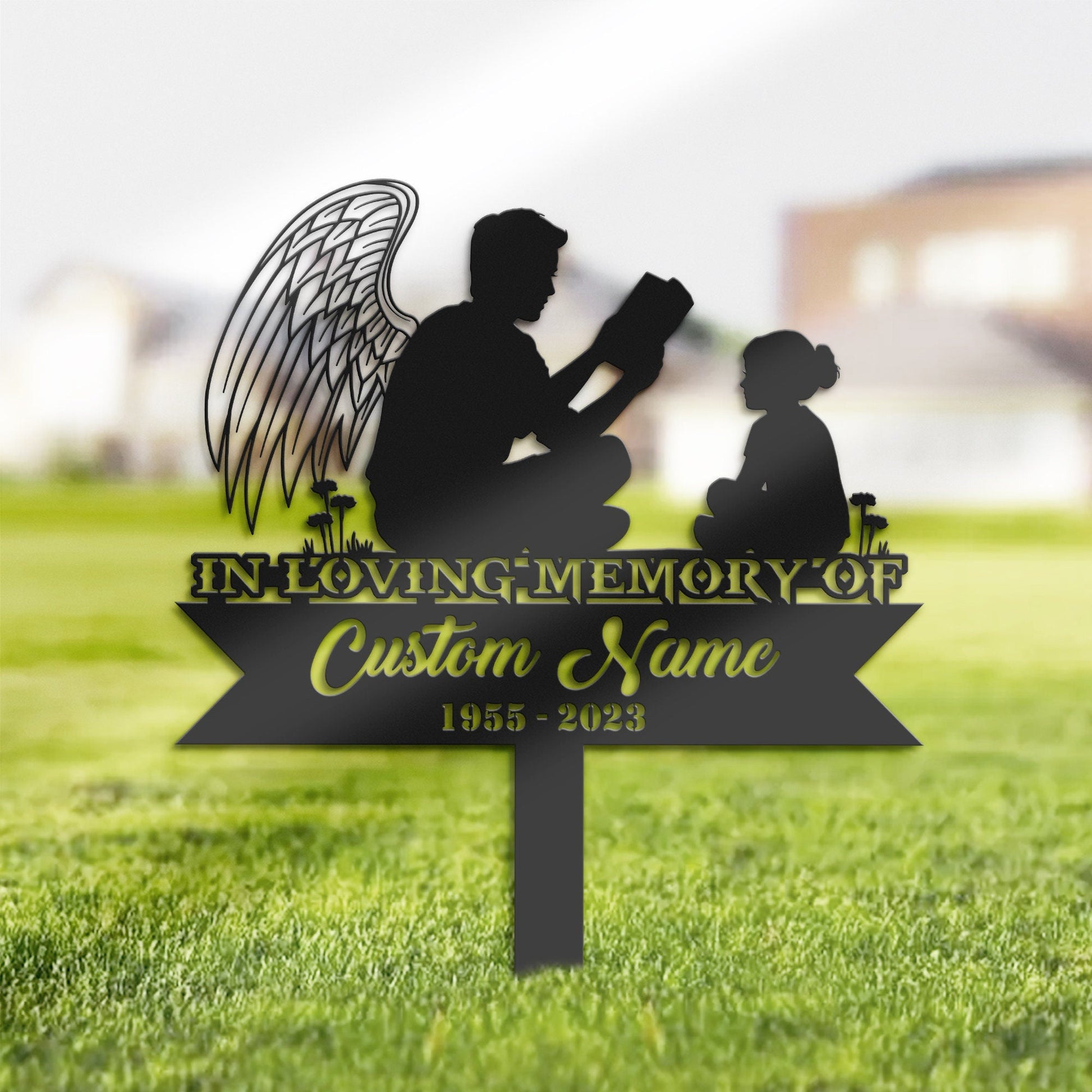 Personalized Angel Father reading book for daughter Memorial Stake, Metal Stake, Sympathy Sign, Grave Marker, Remembrance Stake