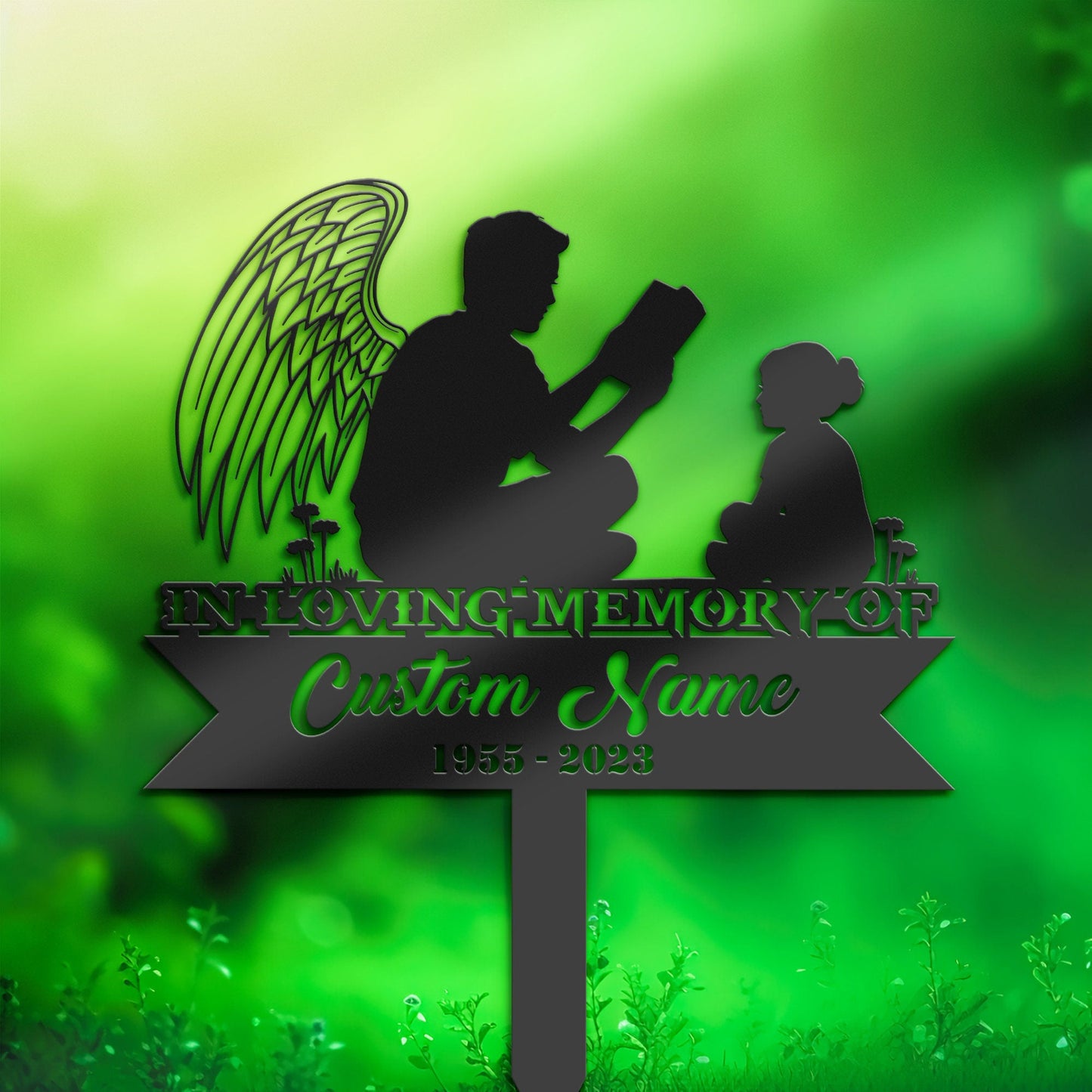 Personalized Angel Father reading book for daughter Memorial Stake, Metal Stake, Sympathy Sign, Grave Marker, Remembrance Stake