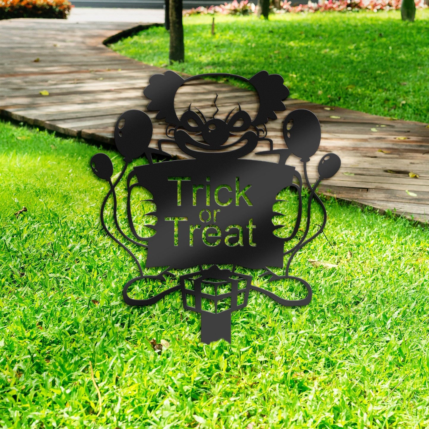 Halloween Trick or treat clown Metal Yard Stake, Outdoor Decoration, Garden sign, Porch Decor. Holiday Gifts