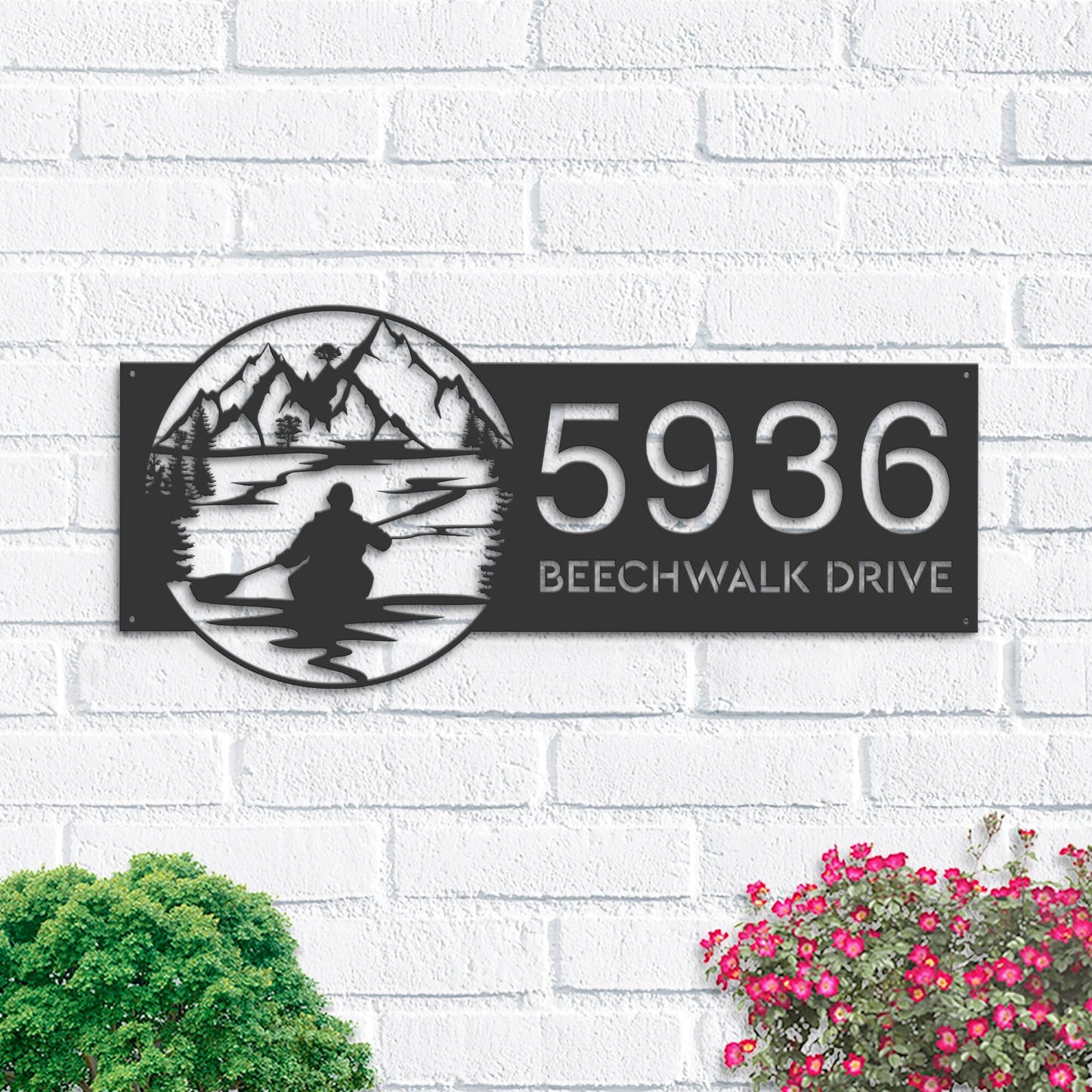 Personalized Kayaking Kayak lake mountain scene Metal Address Sign House Number, Hanging Address Plaque Yard Sign, Outdoor Sign Garden Stake