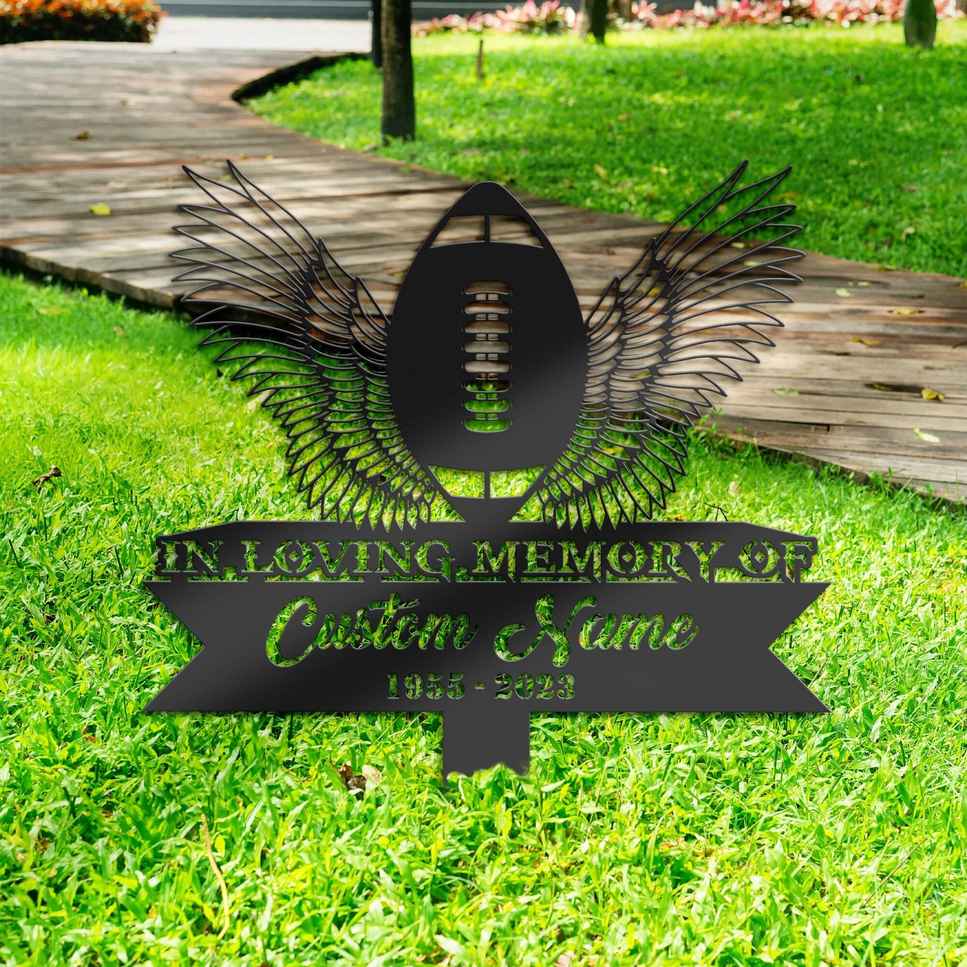 Personalized American football angel wings Memorial Stake, Metal Stake, Sympathy Sign, Grave Marker, Remembrance Stake