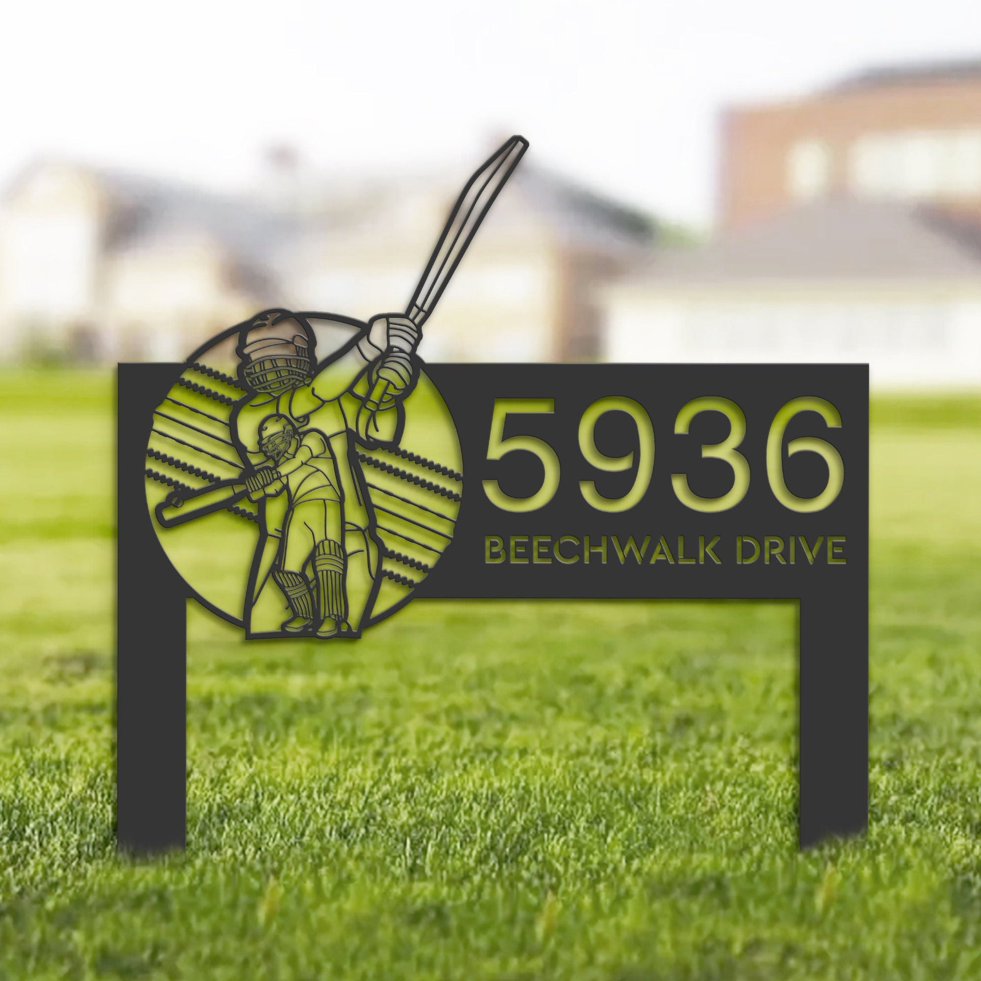 Personalized Cricket player sport Metal Address Sign House number Hanging Address Plaque Yard Sign Outdoor Sign Garden Stake