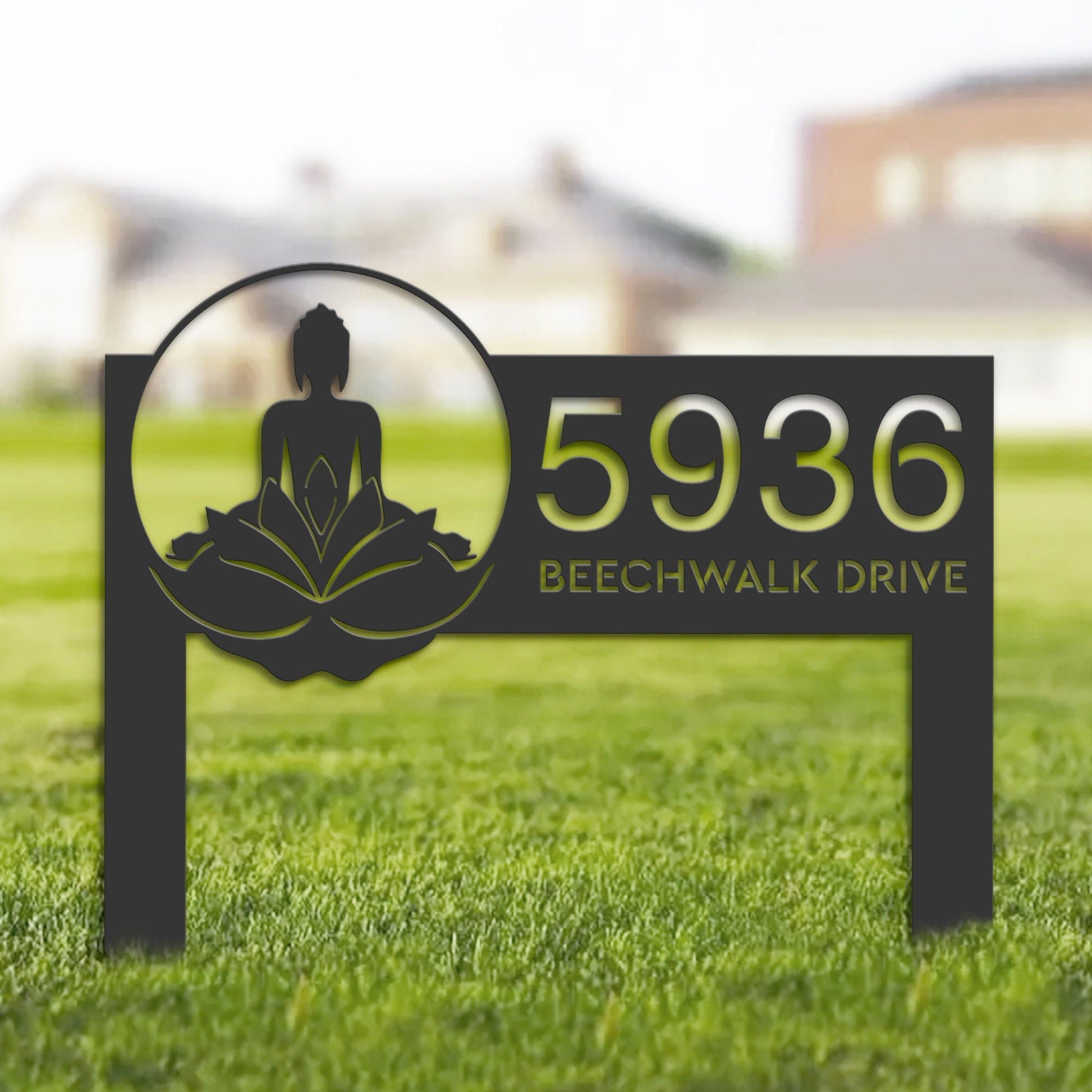 Personalized Zen Lotus Buddha Metal Address Sign House number Hanging Address Plaque Yard Sign Outdoor Sign Garden Stake