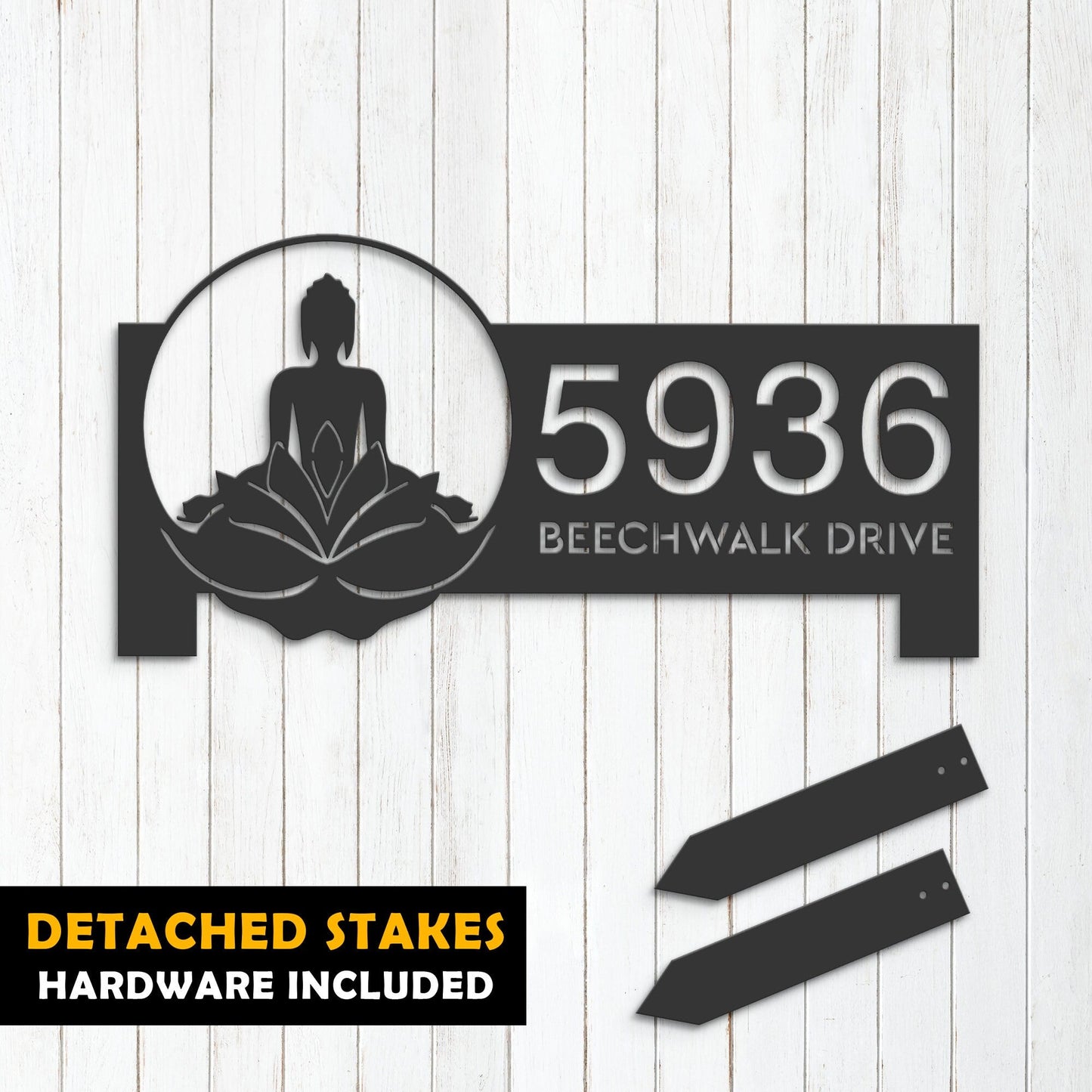 Personalized Zen Lotus Buddha Metal Address Sign House number Hanging Address Plaque Yard Sign Outdoor Sign Garden Stake