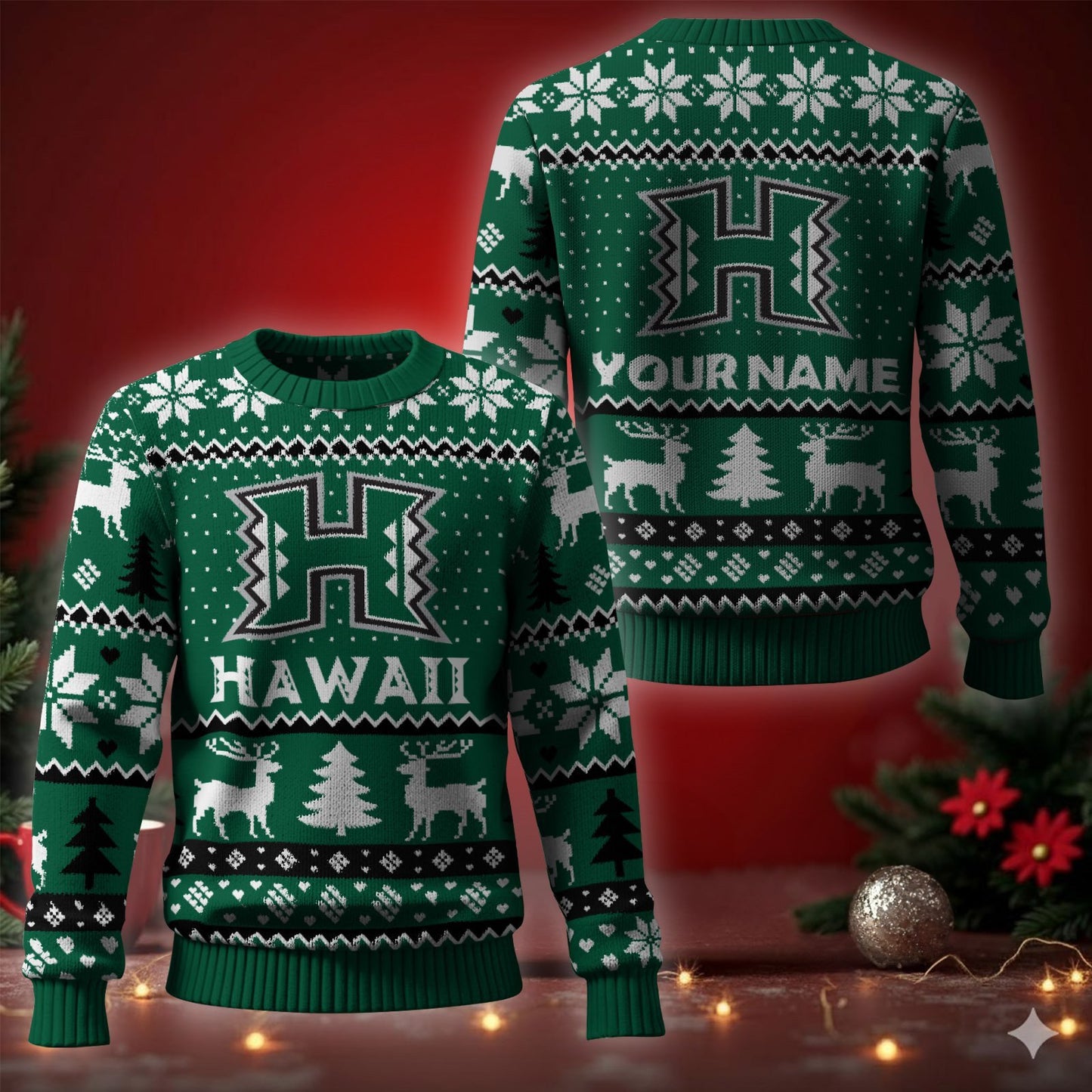 Hawaii Rainbow Warriors Ugly Christmas Sweater - Cozy & Playful Ugly Sweater Design