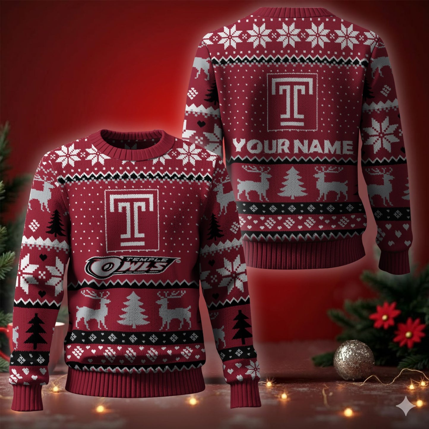 TEMPLE OWLS PRIMARY Ugly Christmas Sweater - Cozy & Playful Ugly Sweater Design