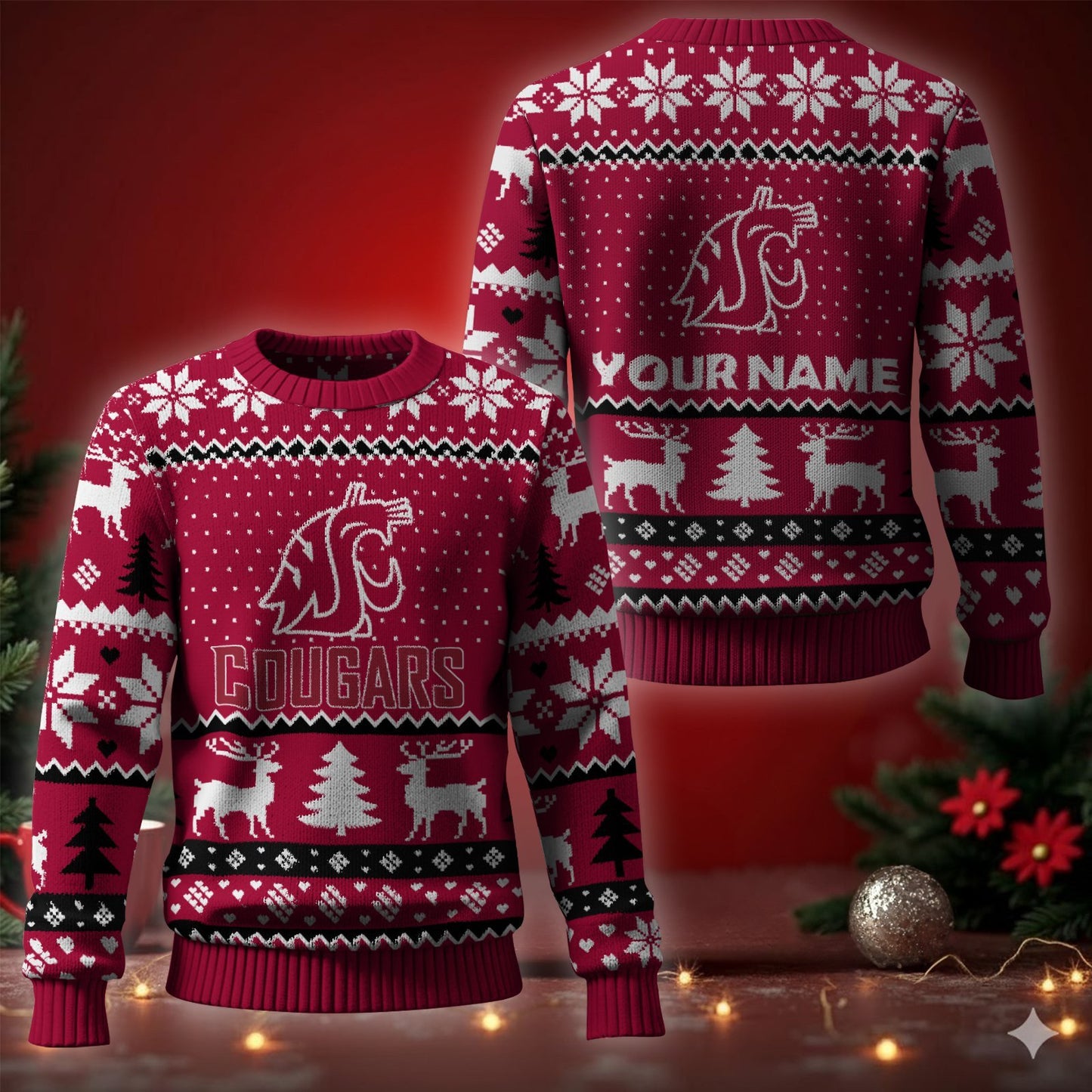 Washington State Cougars Ugly Christmas Sweater - Cozy & Playful Ugly Sweater Design