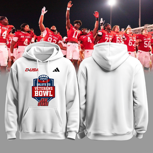Jax State Football White Hoodie - The Champ Veterans Bowl 2025 - Design By Tyche Joy