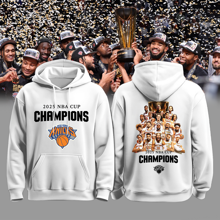New York Knicks 2025 Emirates Cup Champions Hoodie All-Team - White 2-Side - Design By Tyche Joy