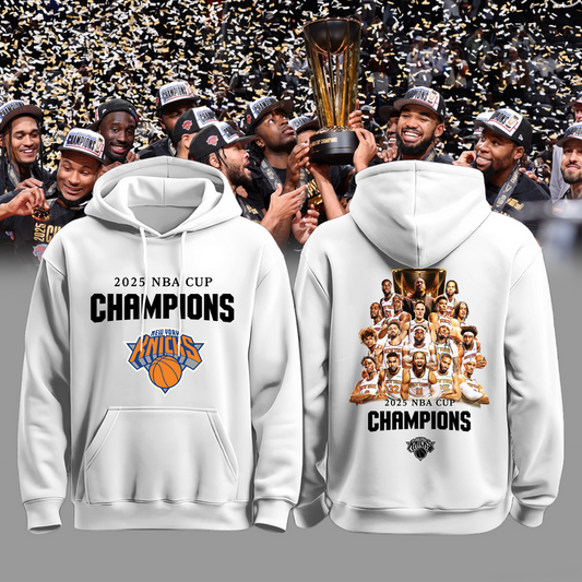 New York Knicks 2025 Emirates Cup Champions Hoodie All-Team - White 2-Side - Design By Tyche Joy