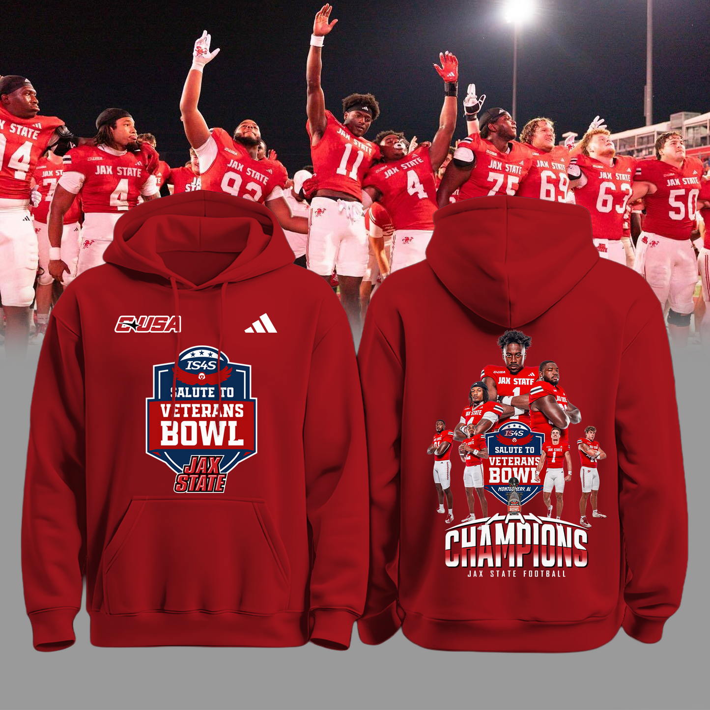 Jax State Football Red Hoodie - The Champ Veterans Bowl 2025 - 2-Side Printed - Design By Tyche Joy