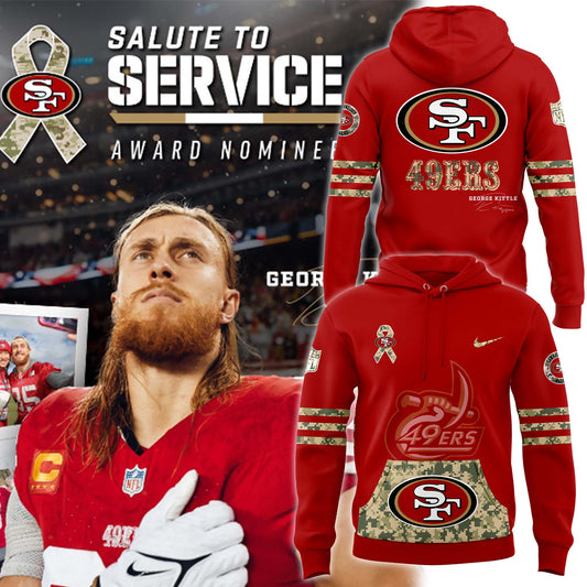 Premium San Francisco 49ers Gear - San Francisco 49ers 2024 Salute to Service featuring George Kittle's Signature Hoodie - Gear Up For Big Game - High-End SF 49ers Merch