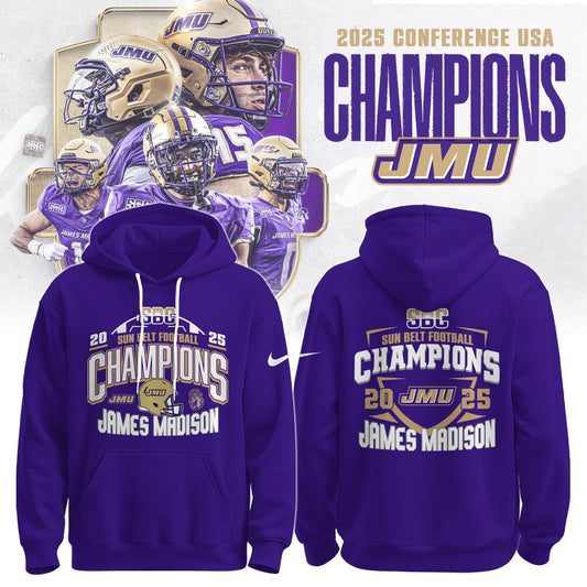2025 Sun Belt Football Champions JMU Hoodie Purple All Cotton