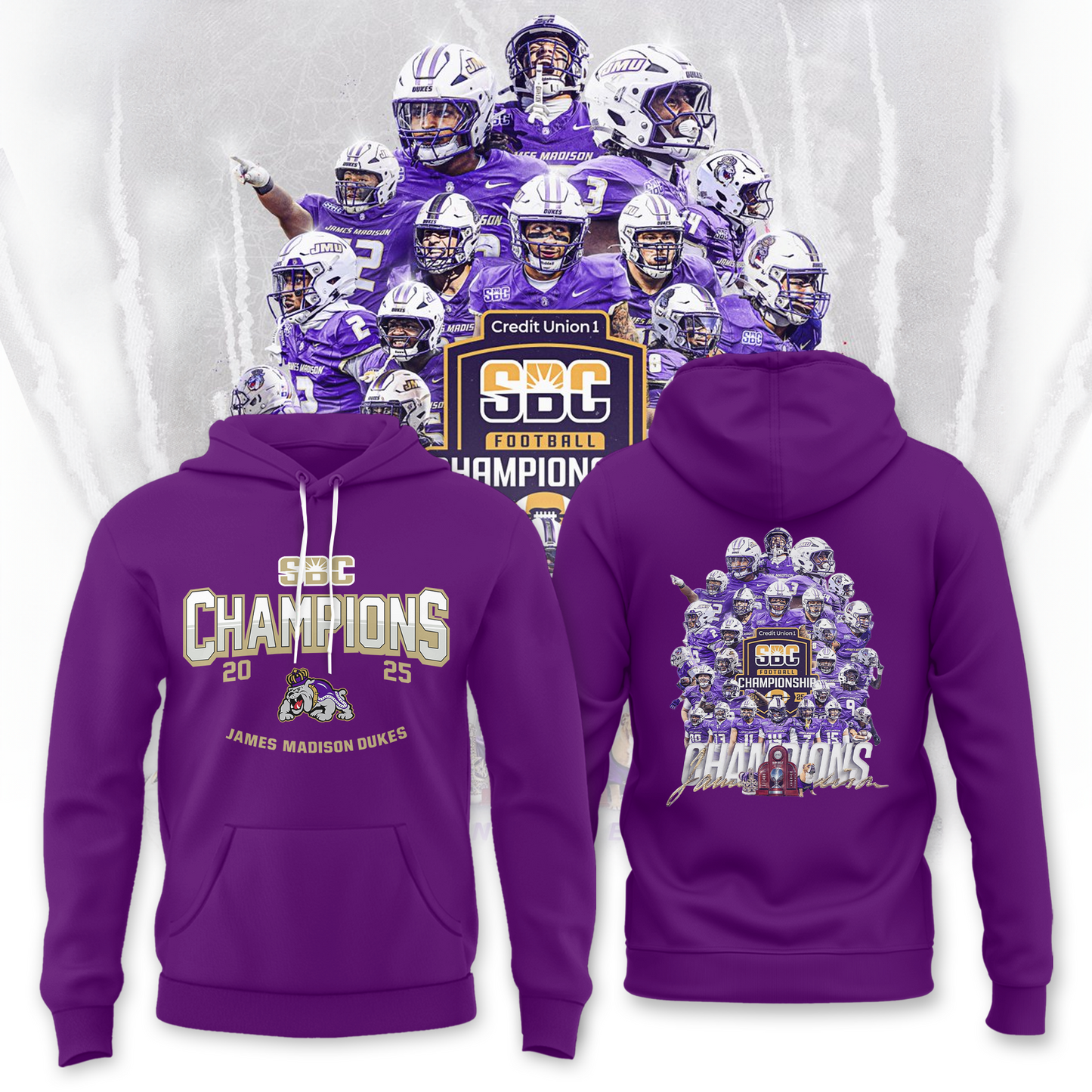 JMU Football Sun Belt Championship Purple Hoodie - All-Team James Madison Football Sun Belt Champs Hoodie - Tyche Joy Merch