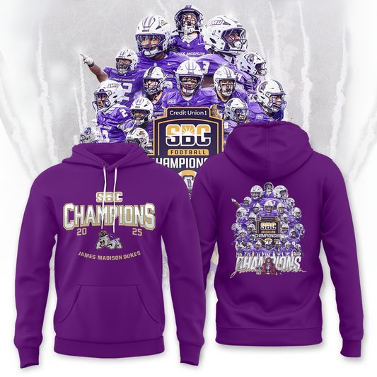 JMU Football Sun Belt Championship Purple Hoodie - All-Team James Madison Football Sun Belt Champs Hoodie - Tyche Joy Merch