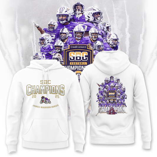 JMU Football Sun Belt Championship White Hoodie - ALL-Team James Madison Football Sun Belt Champs Hoodie - Tyche Joy Merch