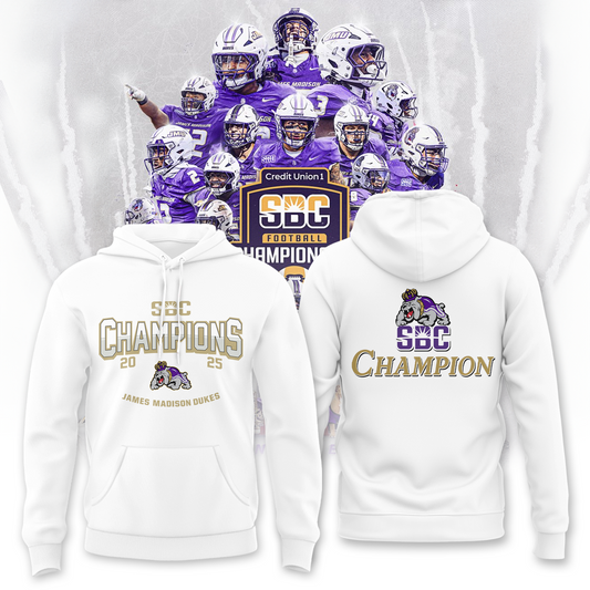 JMU Football Sun Belt Championship White Hoodie - James Madison Football Sun Belt Champs Hoodie - Tyche Joy Merch