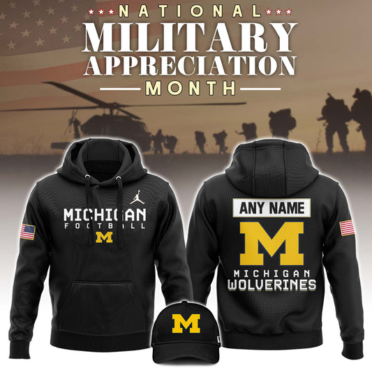 High-End Michigan Wolverines Merch - Michigan Wolverines Jordan Brand 2024 Military Appreciation Club Fleece Pullover Hoodie - Black - Game Blue! Michigan Wolverines Fan Gear Collection