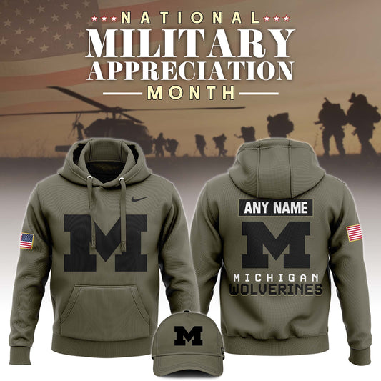 High-End Michigan Wolverines Merch - Michigan Wolverines Jordan Brand 2024 Military Appreciation Club Fleece Pullover Hoodie - Olive - Game Blue! Michigan Wolverines Fan Gear Collection