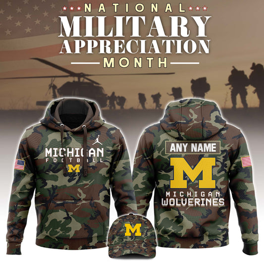 High-End Michigan Wolverines Merch - Michigan Wolverines Jordan Brand 2024 Military Appreciation Club Fleece Pullover Hoodie - Camo - Game Blue! Michigan Wolverines Fan Gear Collection