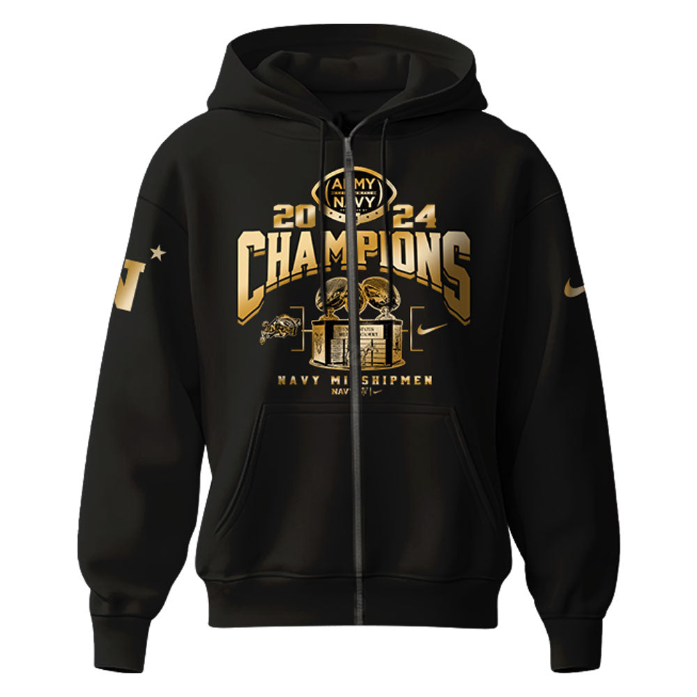 Premium Navy Midshipmen Merch For Fan - Navy Midshipmen NCAA CIC Trophy Champions Limited Edition Gold Zip Hoodie 2024