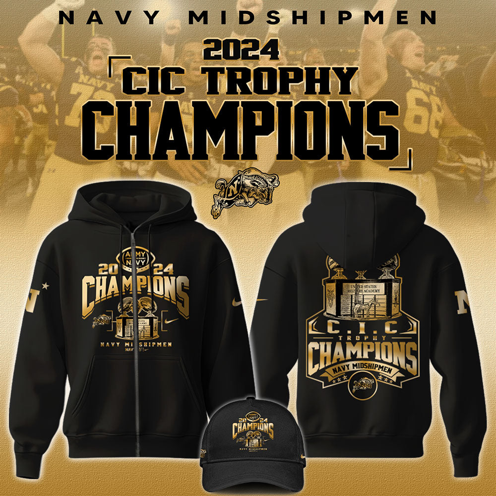 Premium Navy Midshipmen Merch For Fan - Navy Midshipmen NCAA CIC Trophy Champions Limited Edition Gold Zip Hoodie 2024