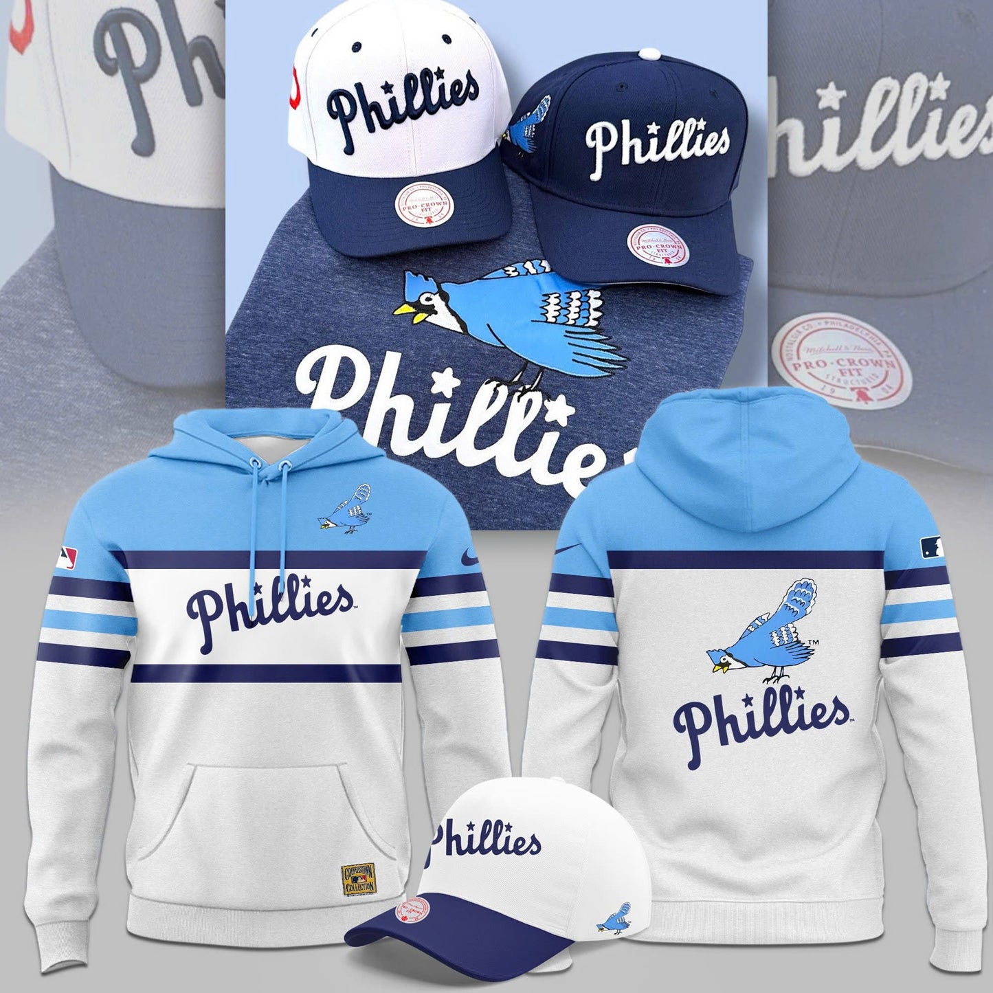 Philadelphia Phillies Grey White Blue Blue Jay Logo 40's Hoodie For Fans