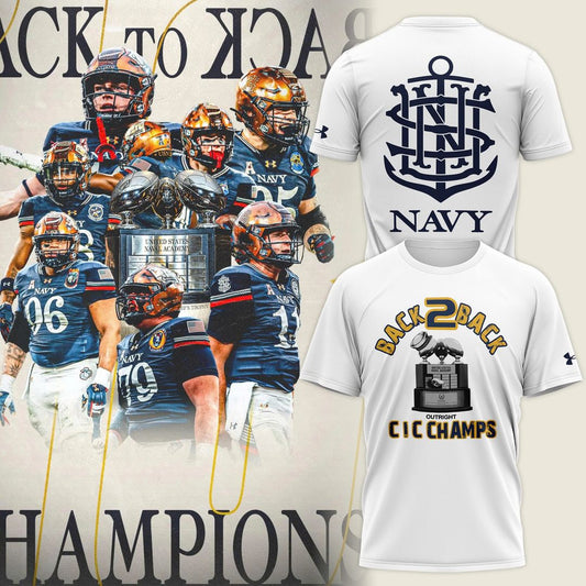 Navy Midshipmen – Back-to-Back CIC Trophy Champions 2025 Combo T-Shirt - White - Unisx