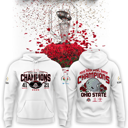 Limited Edition Ohio State Buckeyes All-White Hoodie College Football Playoff 2025 Rose Bowl Champions