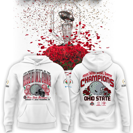 Limited Edition Ohio State Buckeyes White Hoodie - College Football Playoff 2025 Rose Bowl Champions Hoodie