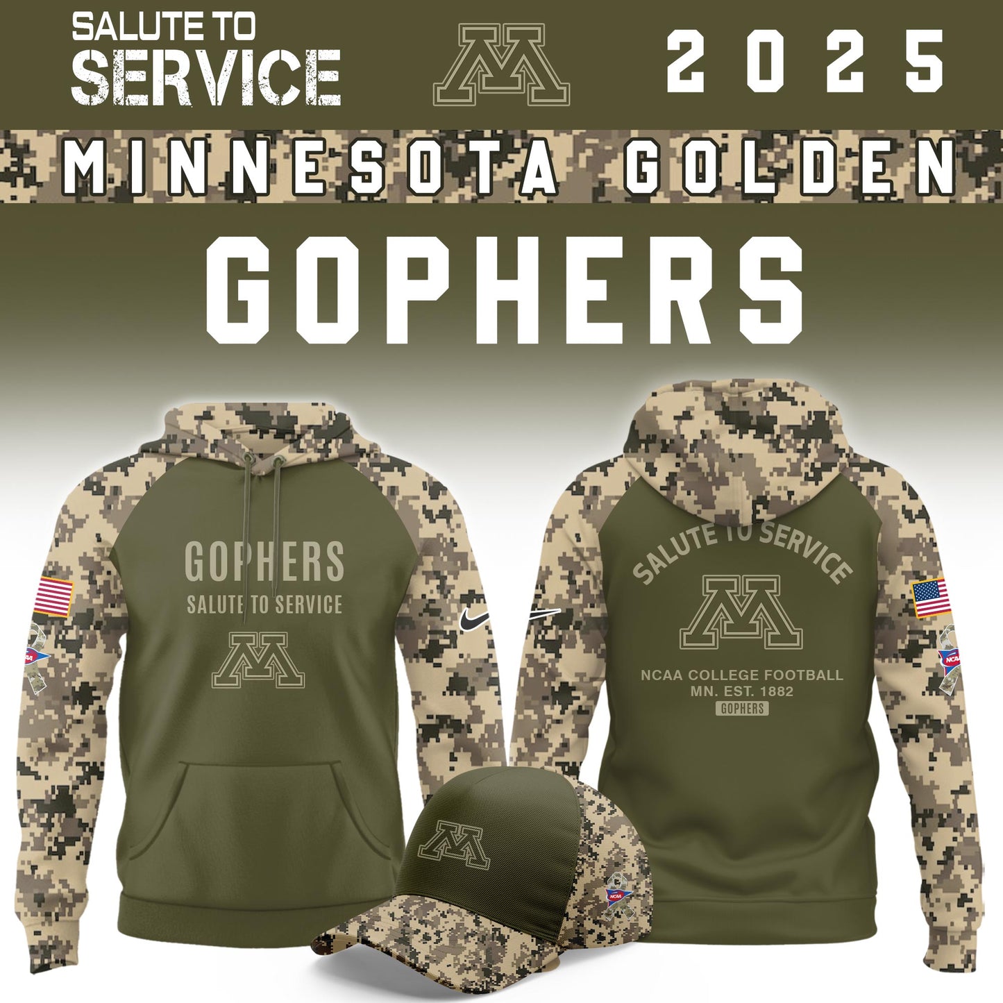 Minnesota Golden Gophers Salute To Service Limited Hoodie and Cap 2025 Collection