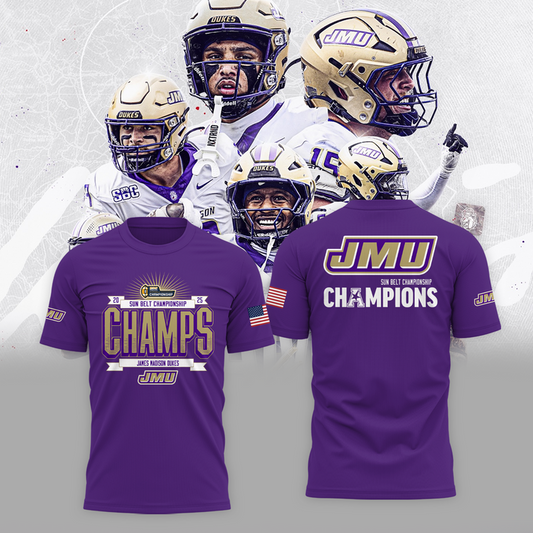 JMU Football Sun Belt Championship Purple T-Shirt - James Madison Football Champions T-Shirt - We are Sun Belt Champs - Tyche Joy Merch