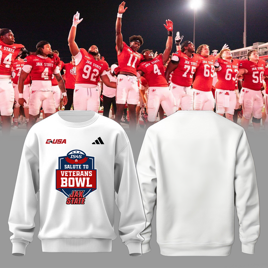 Jax State Football Sweatshirt White - The Champ Veterans Bowl 2025 - Design By Tyche Joy