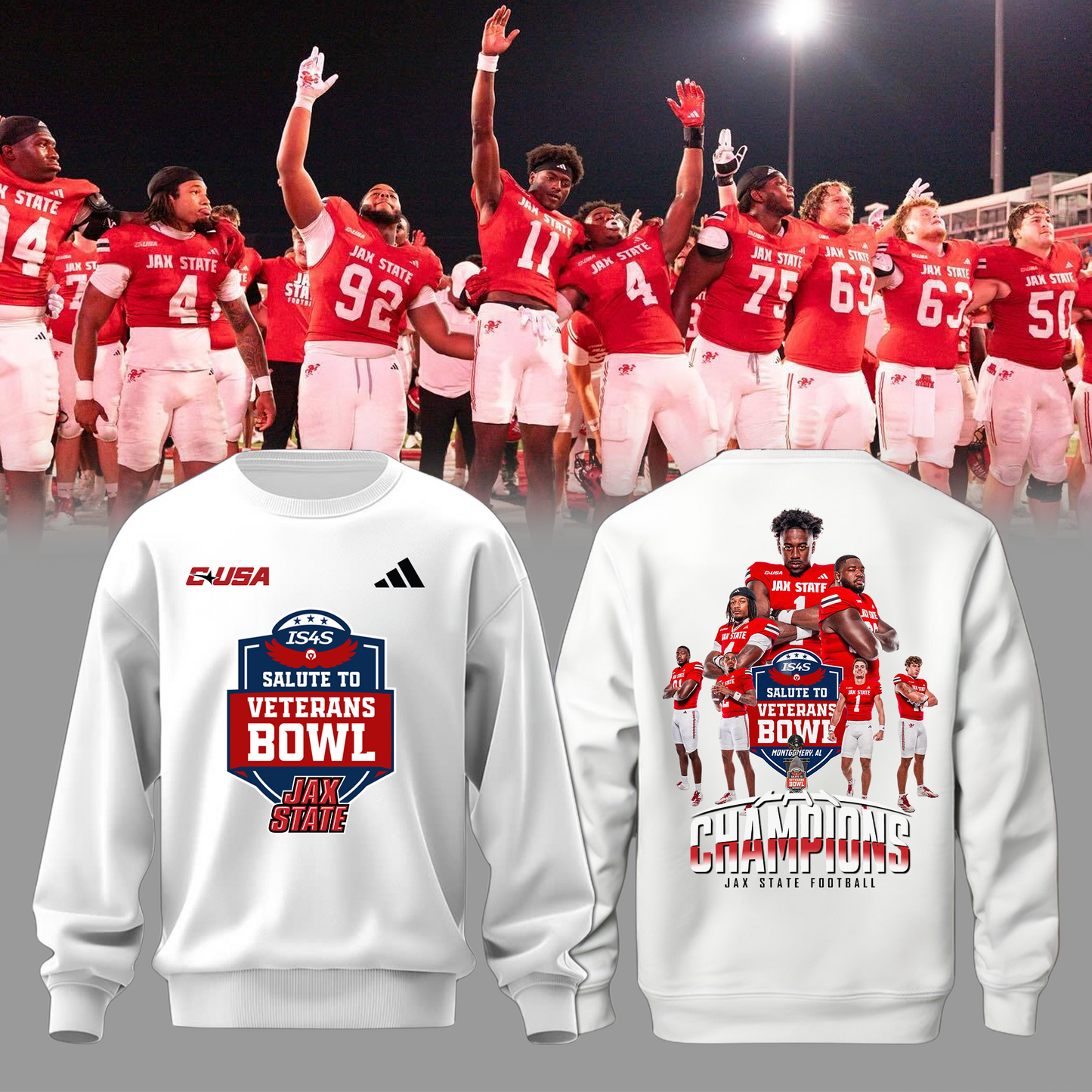 Jax State Football Sweatshirt White - The Champ Veterans Bowl 2025 - 2-Side Printed - Design By Tyche Joy