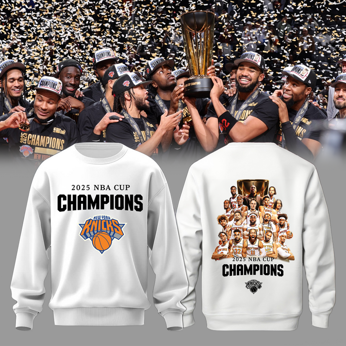 New York Knicks 2025 Emirates Cup Champions Sweatshirt All-Team - White 2-Side - Design By Tyche Joy