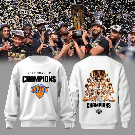 New York Knicks 2025 Emirates Cup Champions Sweatshirt All-Team - White 2-Side - Design By Tyche Joy