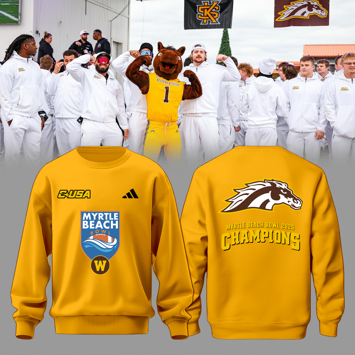 🏆MYRTLE BEACH BOWL CHAMPS! - Western Michigan Football Sweatshirt Champions - Yellow - All Cotton - Unisex