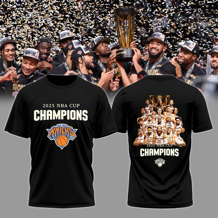 New York Knicks 2025 Emirates Cup Champions T-Shirt All-Team - Black 2-Side - Design By Tyche Joy