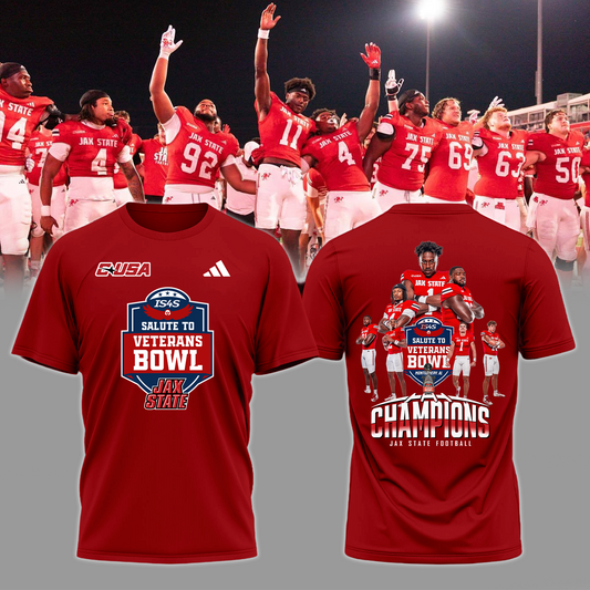 Jax State Football Red T-Shirt - The Champ Veterans Bowl 2025 - 2-Side Printed - Design By Tyche Joy