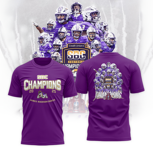 JMU Football Sun Belt Championship Purple T-Shirt - All-Team James Madison Football Sun Belt Champs T-Shirt - Tyche Joy Merch