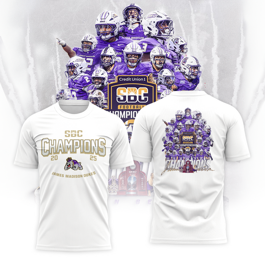 JMU Football Sun Belt Championship White T-Shirt - ALL-Team James Madison Football Sun Belt Champs T-Shirt - Tyche Joy Merch